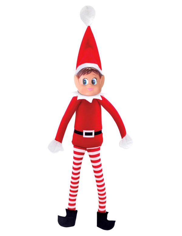 Poupée de lutin farceur version fille avec bonnet rouge, jambes rayées rouge et blanc et visage malicieux.