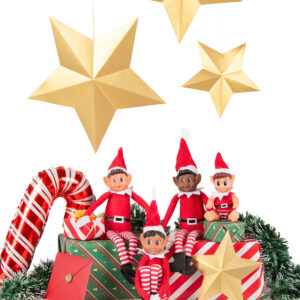 Poupée de lutin farceur version fille avec bonnet rouge, jambes rayées rouge et blanc et visage malicieux.