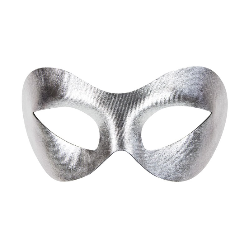 Masque loup en tissu argenté métallisé avec une texture finement tramée.