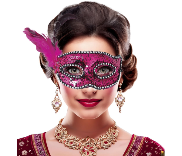 Masque loup fuchsia à sequins avec bordure perlée, fleur en strass et grandes plumes roses sur le côté.