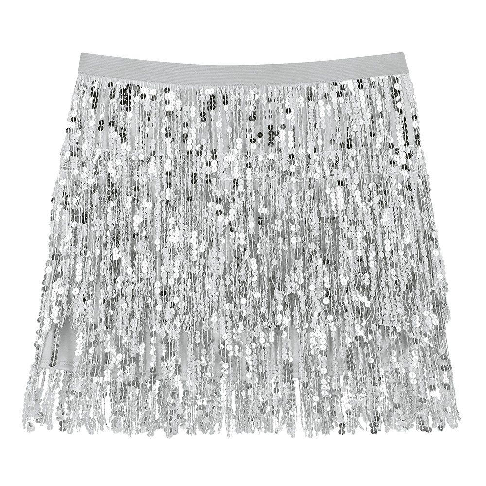 Mini-jupe argentée recouverte de plusieurs rangées de franges de sequins brillants avec une taille élastique.
