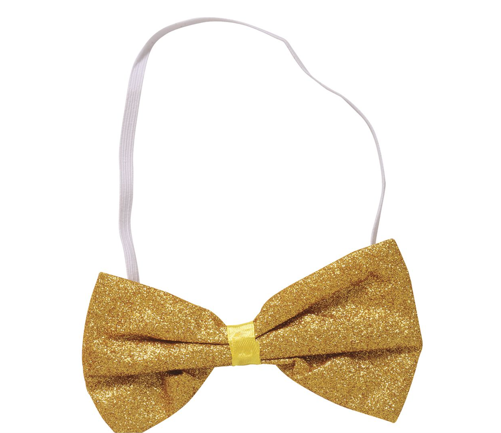 Nœud papillon de fête recouvert de paillettes dorées scintillantes avec attache élastique blanche