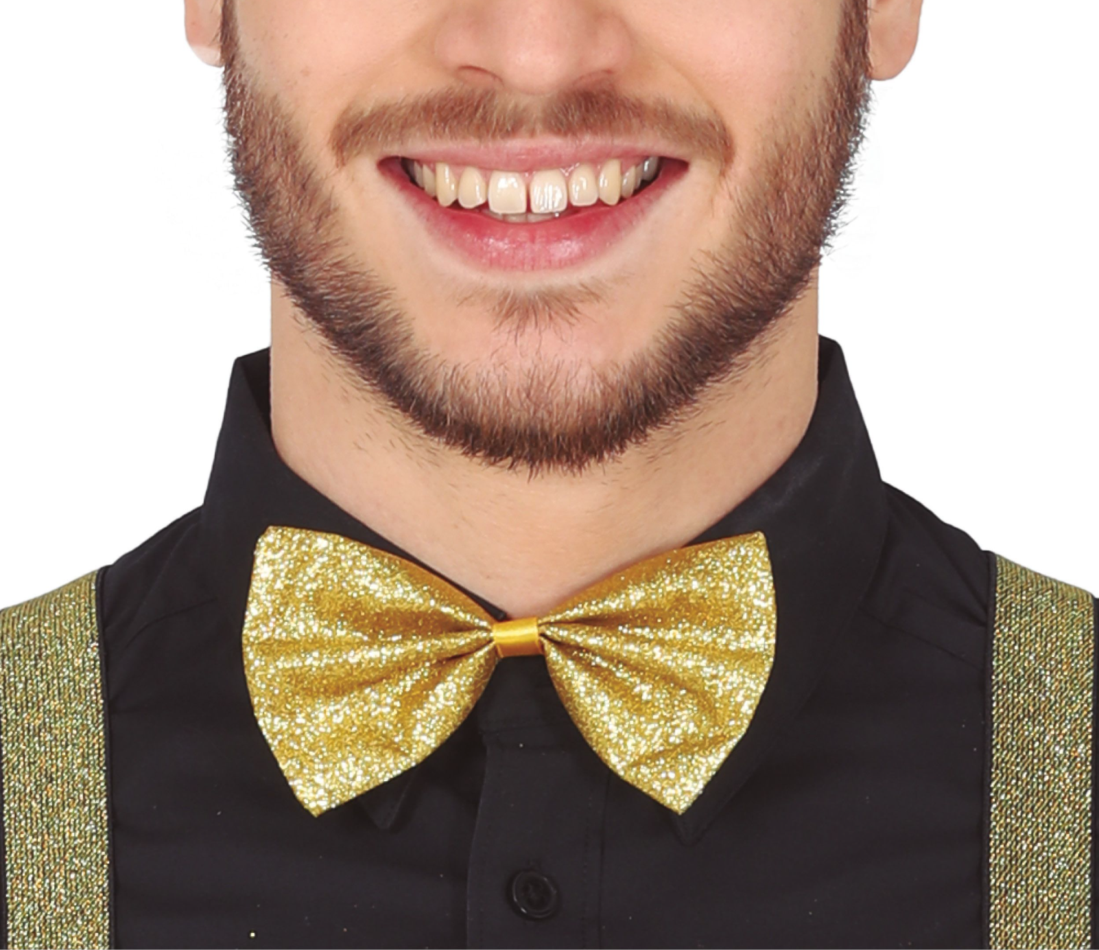 Nœud papillon de fête recouvert de paillettes dorées scintillantes avec attache élastique blanche