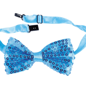 Nœud papillon bleu recouvert de sequins brillants avec tour de cou réglable en satin bleu et fermoir à clip noir.