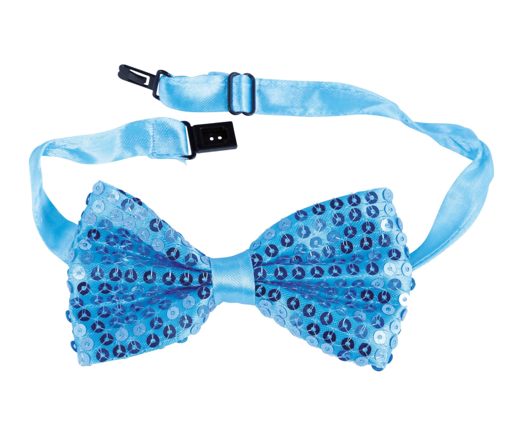 Nœud papillon bleu recouvert de sequins brillants avec tour de cou réglable en satin bleu et fermoir à clip noir.