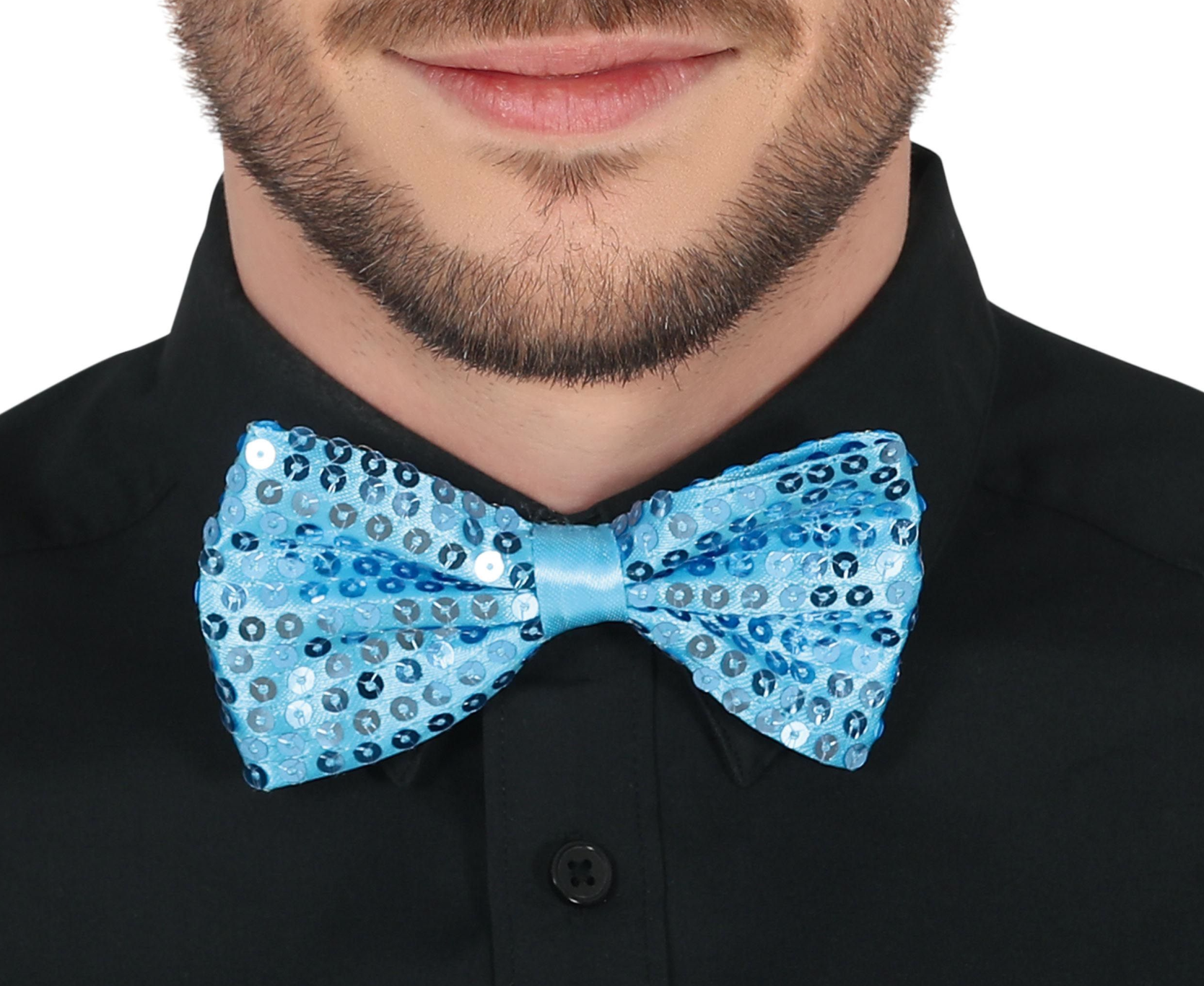 Nœud papillon bleu recouvert de sequins brillants avec tour de cou réglable en satin bleu et fermoir à clip noir.