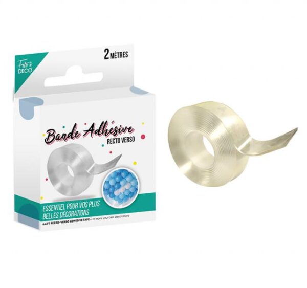 Rouleau de ruban adhésif double face transparent de 2 mètres pour la fixation de décorations et de ballons de fête.