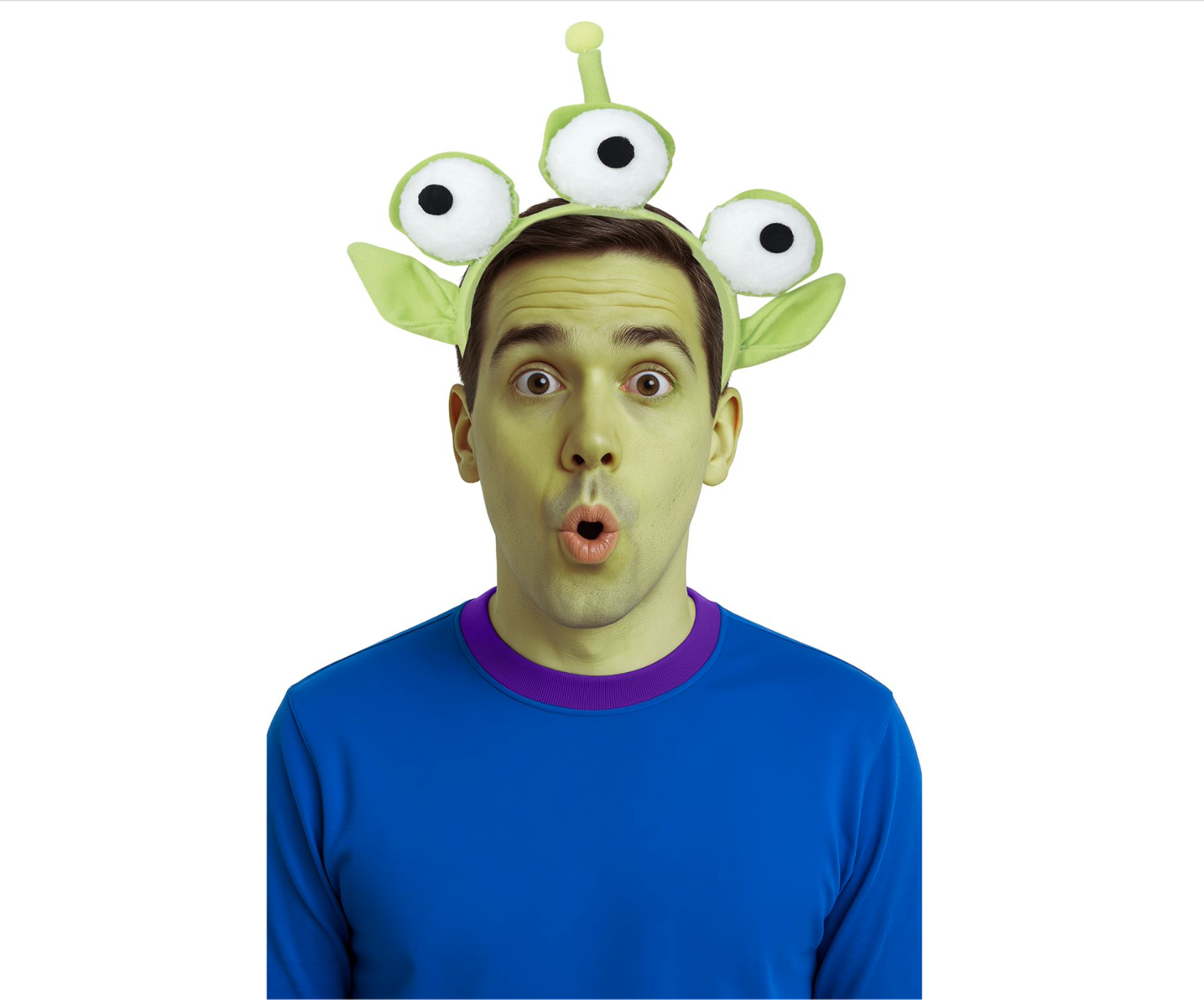 Serre-tête vert pour déguisement d'alien avec trois gros yeux blancs, une antenne centrale et deux oreilles pointues.