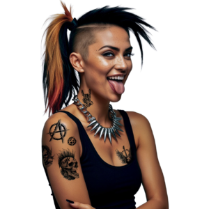 Planche de tatouages temporaires noirs et gris comprenant des crânes punk, des symboles d'anarchie, une guitare ailée et le slogan No Future.