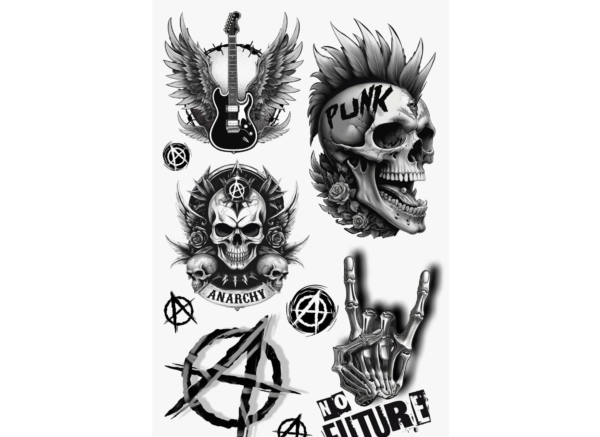 Planche de tatouages temporaires noirs et gris comprenant des crânes punk, des symboles d'anarchie, une guitare ailée et le slogan No Future.