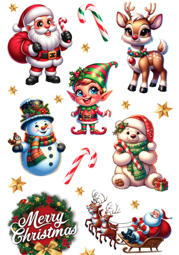 Planche de tatouages éphémères de Noël contenant des motifs du Père Noël, d'elfes, de rennes, de bonhommes de neige et de l'inscription "Merry Christmas".