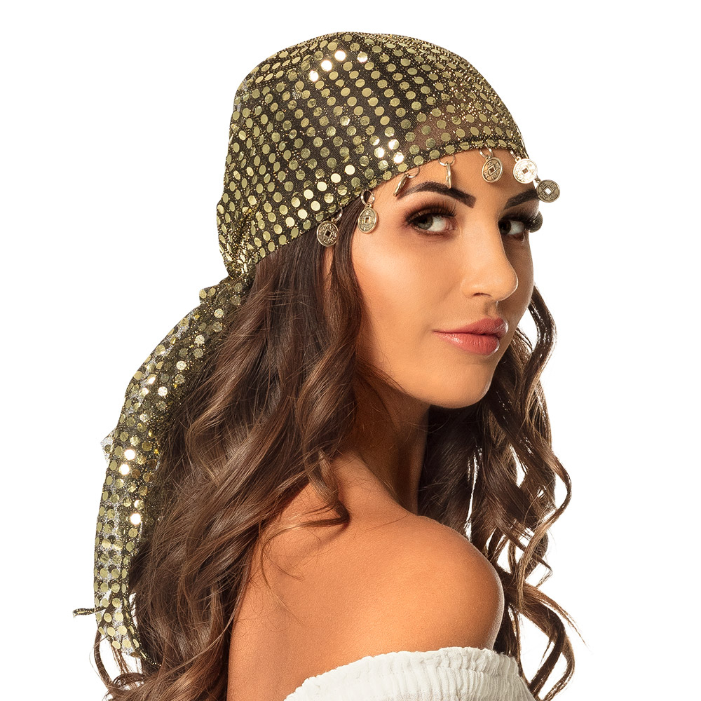 bandana de danse orientale doré, recouvert de sequins ronds et bordé de pièces de monnaie métalliques tombant sur le front.
