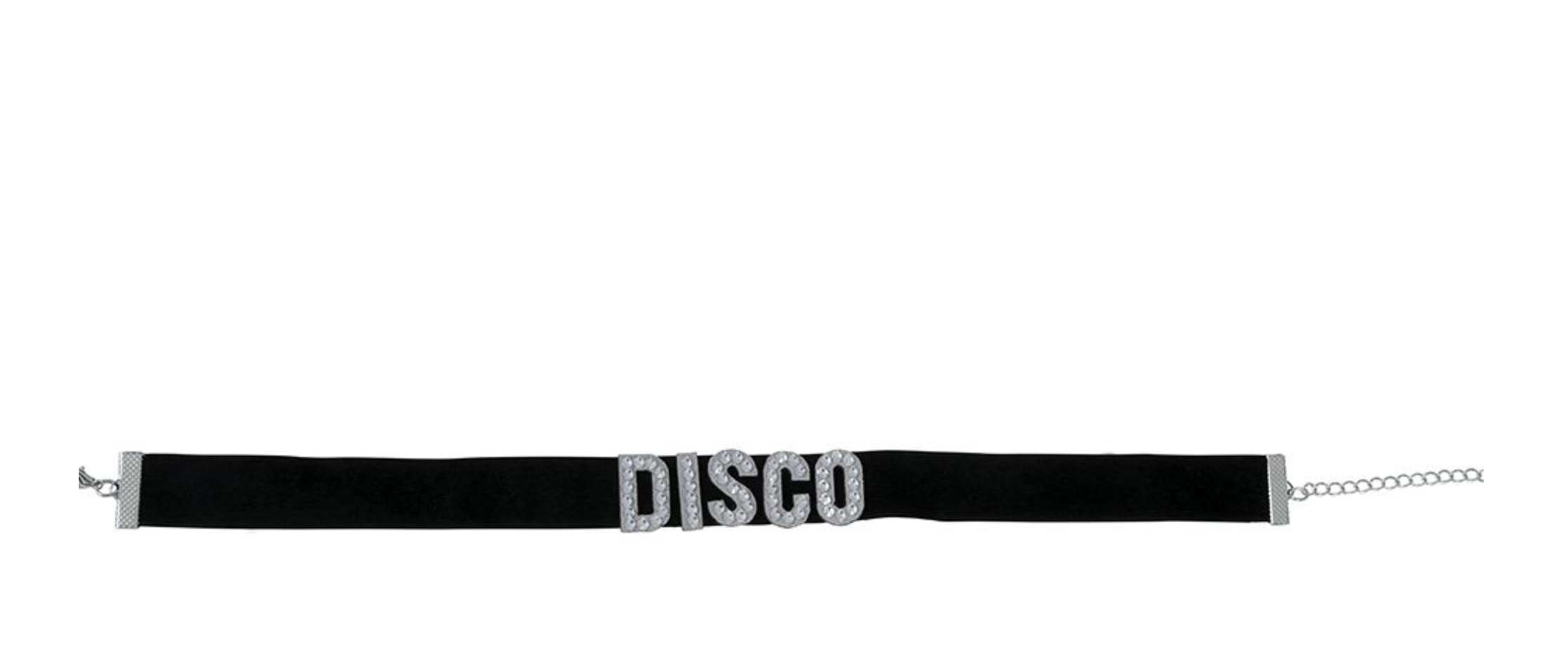 Collier tour de cou noir avec inscription DISCO en strass argentés sur fond blanc.
