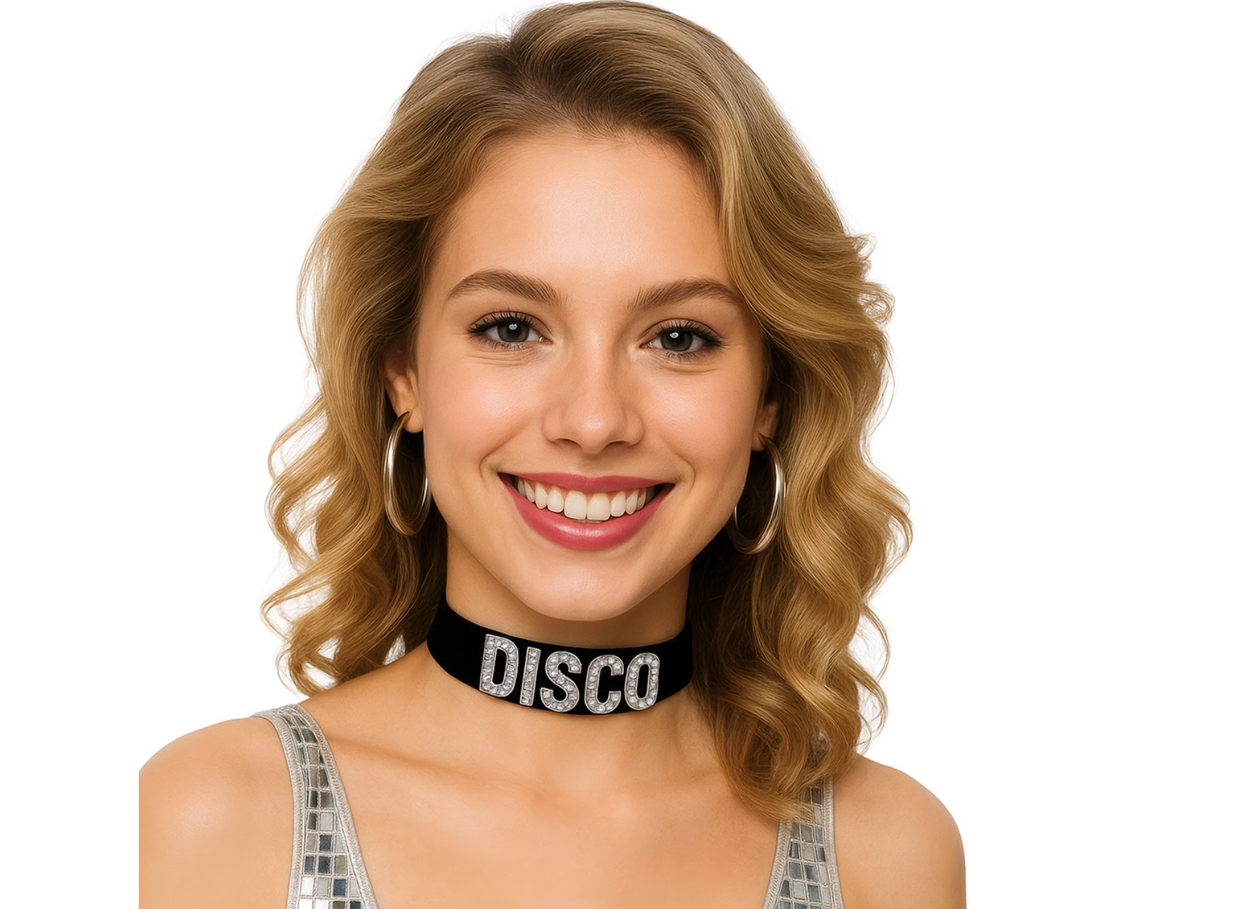 Collier tour de cou noir avec inscription DISCO en strass argentés sur fond blanc.