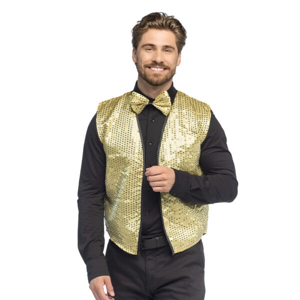 Éblouissez vos invités avec notre ensemble Gilet à sequin or et nœud papillon. Un duo scintillant parfait pour vos soirées Disco, réveillons et événements festifs chic.