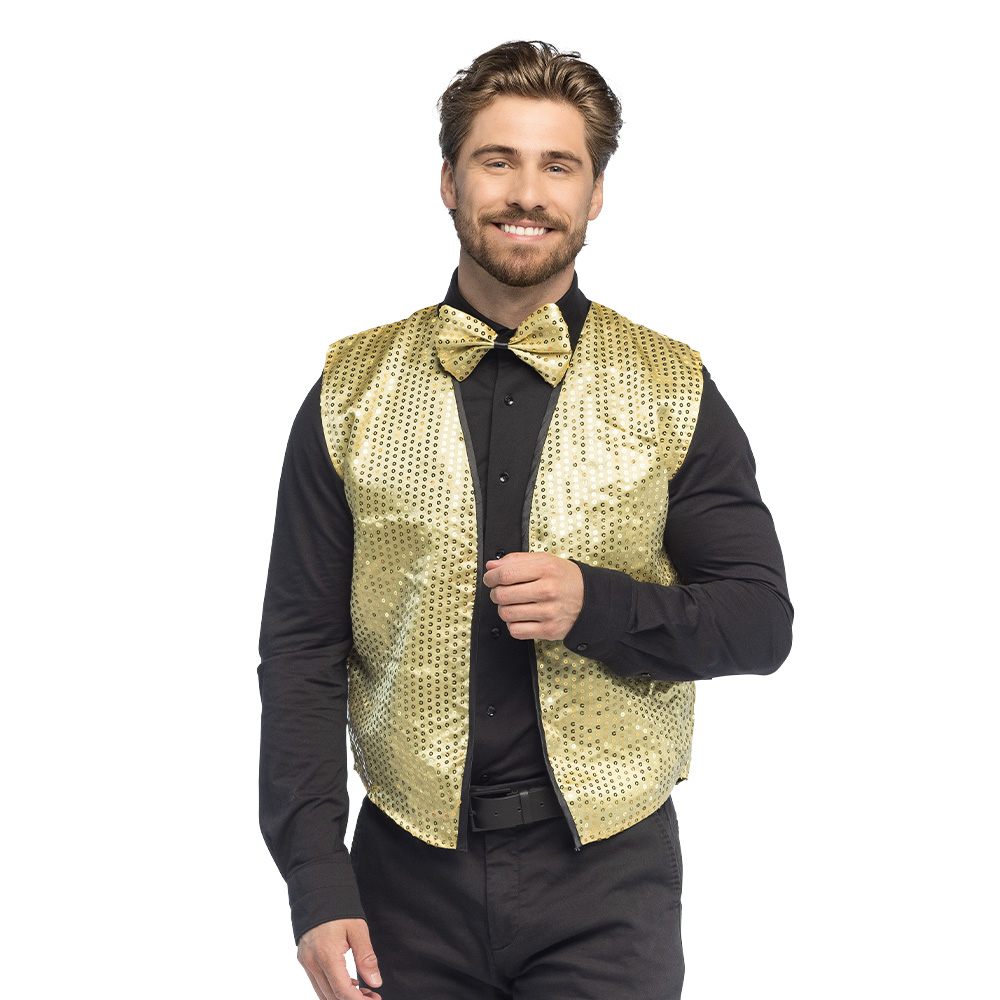 Éblouissez vos invités avec notre ensemble Gilet à sequin or et nœud papillon. Un duo scintillant parfait pour vos soirées Disco, réveillons et événements festifs chic.