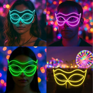 masques de super-héros illuminés par des néons de différentes couleurs : bleu, rose, vert et jaune.