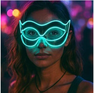 masques de super-héros illuminés par des néons de différentes couleurs : bleu, rose, vert et jaune.