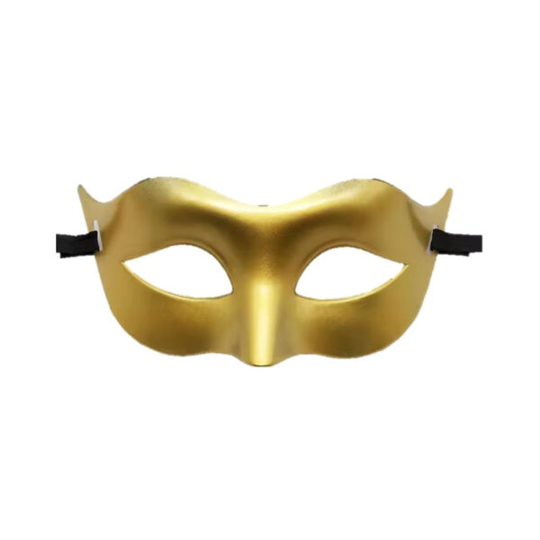 Masque de type loup vénitien de couleur or mat avec un élastique de maintien noir,