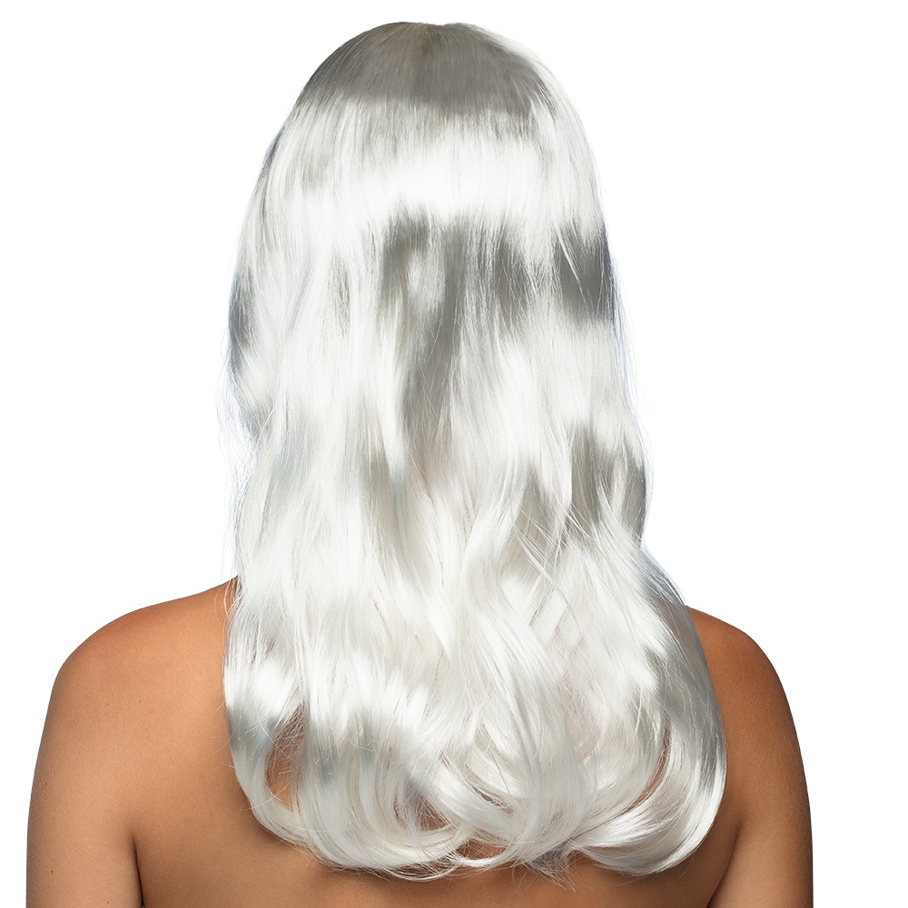 Transformez votre look avec notre Perruque longue blanche ! Chevelure ondulée avec frange, idéale pour vos déguisements d'ange, cosplay ou soirées à thème White Party.