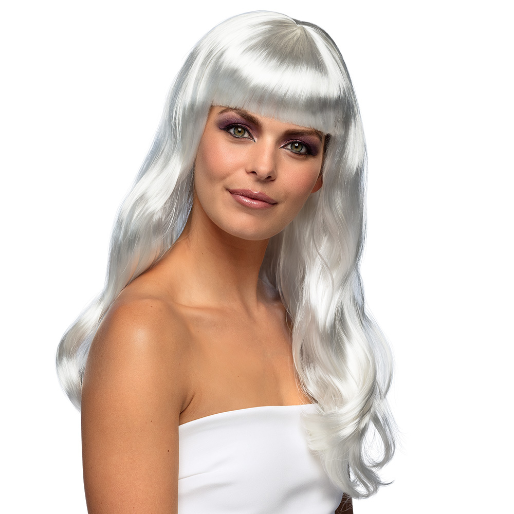 Transformez votre look avec notre Perruque longue blanche ! Chevelure ondulée avec frange, idéale pour vos déguisements d'ange, cosplay ou soirées à thème White Party.