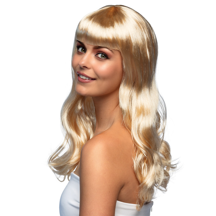 perruque longue blonde synthétique avec une frange droite et des longueurs souples et ondulées