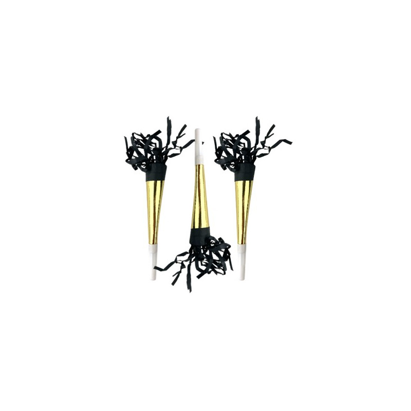 Lot de 3 trompettes de fête dorées métallisées avec des franges noires et des embouts en plastique blanc