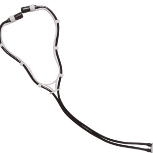 Un stéthoscope factice noir et blanc pour déguisement, comprenant une lyre blanche, des tubes noirs et un pavillon circulaire blanc