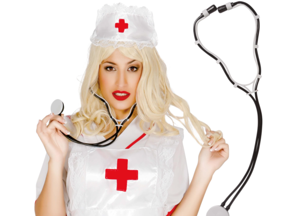 Un stéthoscope factice noir et blanc pour déguisement, comprenant une lyre blanche, des tubes noirs et un pavillon circulaire blanc