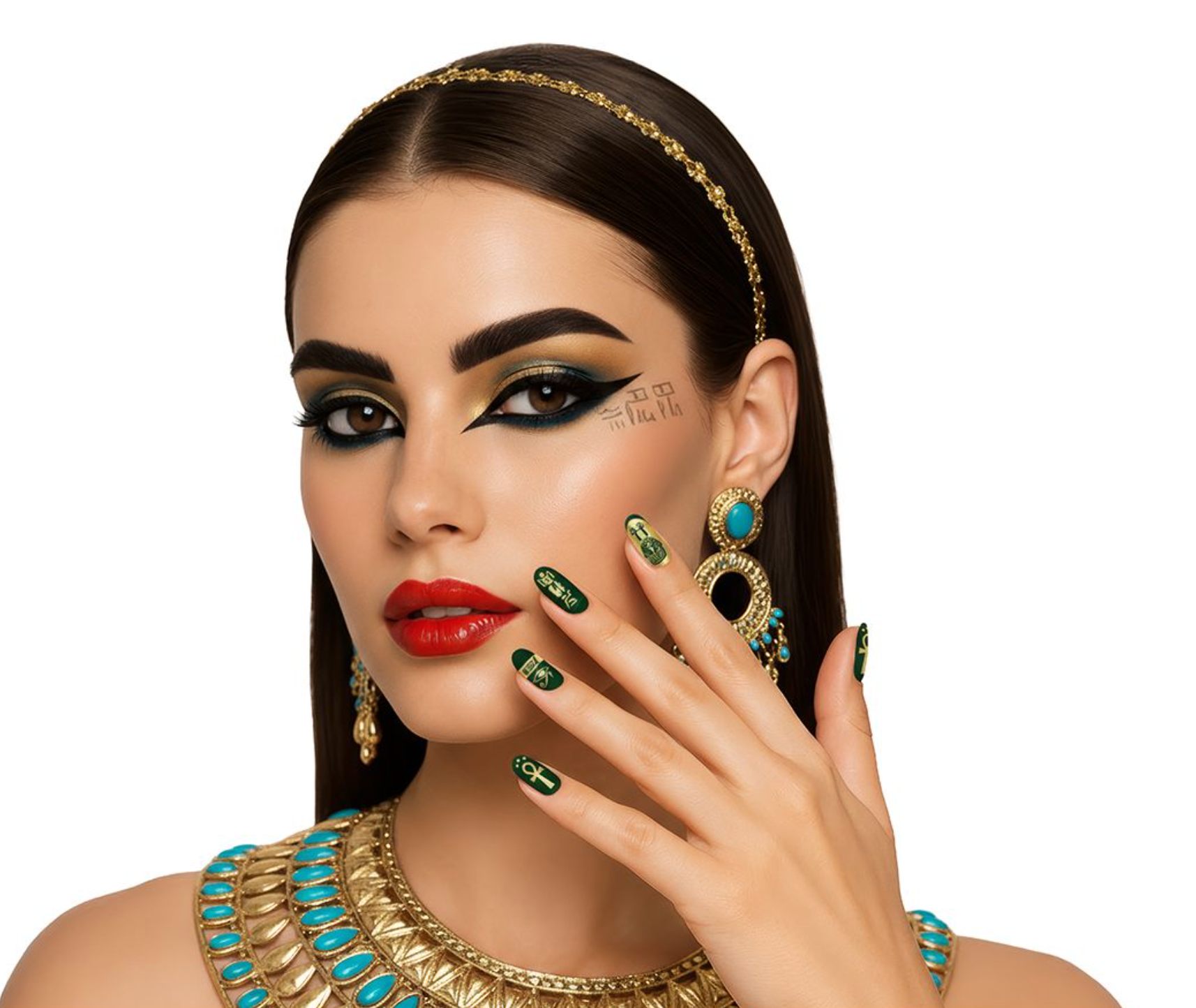 faux ongles longs vert émeraude décorés de symboles égyptiens dorés tels que l'œil d'Horus, la croix Ankh et des hiéroglyphes.