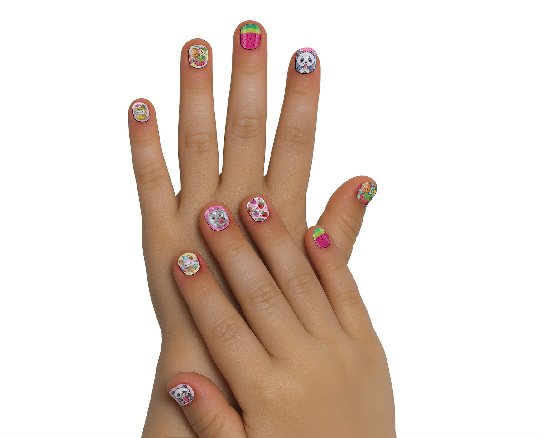 Des motifs craquants pour des mains de fête ! Ce kit contient 12 faux ongles de tailles variées pour s'adapter parfaitement à la morphologie des mains des enfants. Chaque ongle arbore un design unique inspiré de l'univers "Tutti Sweeti", mélangeant animaux mignons et fruits vitaminés.