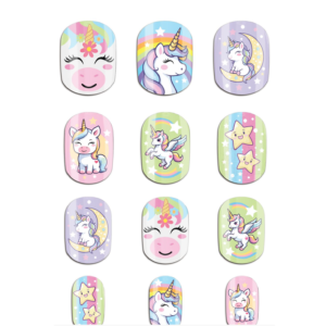 Apportez de la magie aux mains de vos enfants avec les 12 Faux Ongles motifs Licorne ! Pose facile et sécurisée. Des designs féeriques d'arcs-en-ciel et de licornes pour s'amuser.