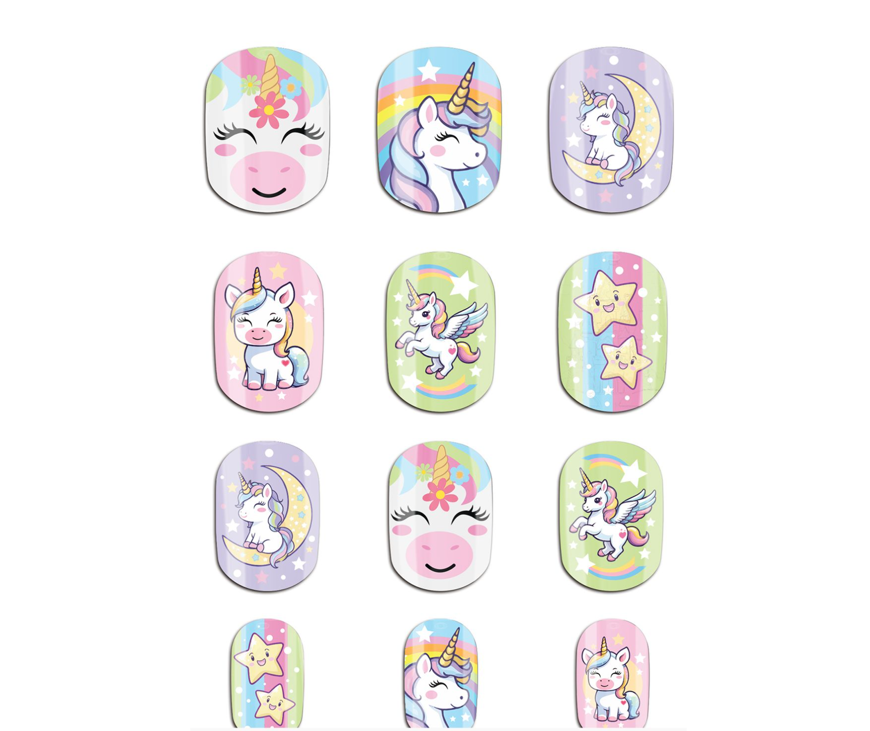 Apportez de la magie aux mains de vos enfants avec les 12 Faux Ongles motifs Licorne ! Pose facile et sécurisée. Des designs féeriques d'arcs-en-ciel et de licornes pour s'amuser.
