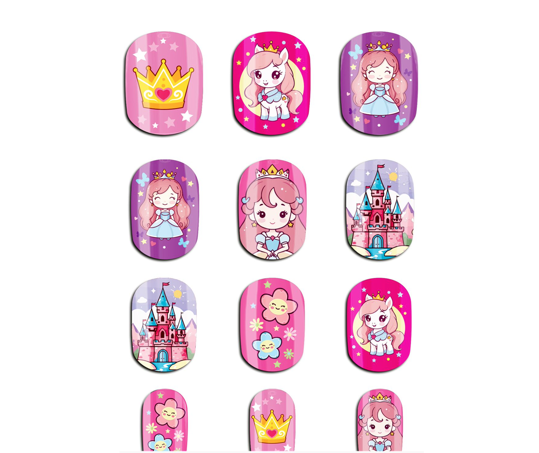 Offrez une manucure royale avec les 12 Faux Ongles Enfant motifs Princesses ! Pose facile sans colle. Designs châteaux, licornes et couronnes pour un look de conte de fées.