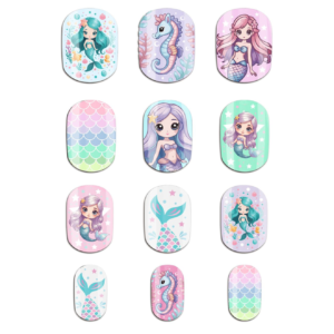 Plongez dans la magie avec les 12 Faux Ongles Enfant motifs Sirène ! Une manucure facile, sûre et colorée avec sirènes et hippocampes. Parfait pour les fêtes et déguisements.