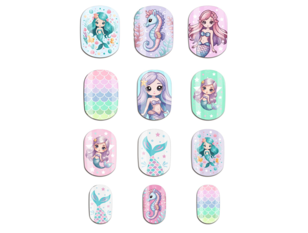 Plongez dans la magie avec les 12 Faux Ongles Enfant motifs Sirène ! Une manucure facile, sûre et colorée avec sirènes et hippocampes. Parfait pour les fêtes et déguisements.