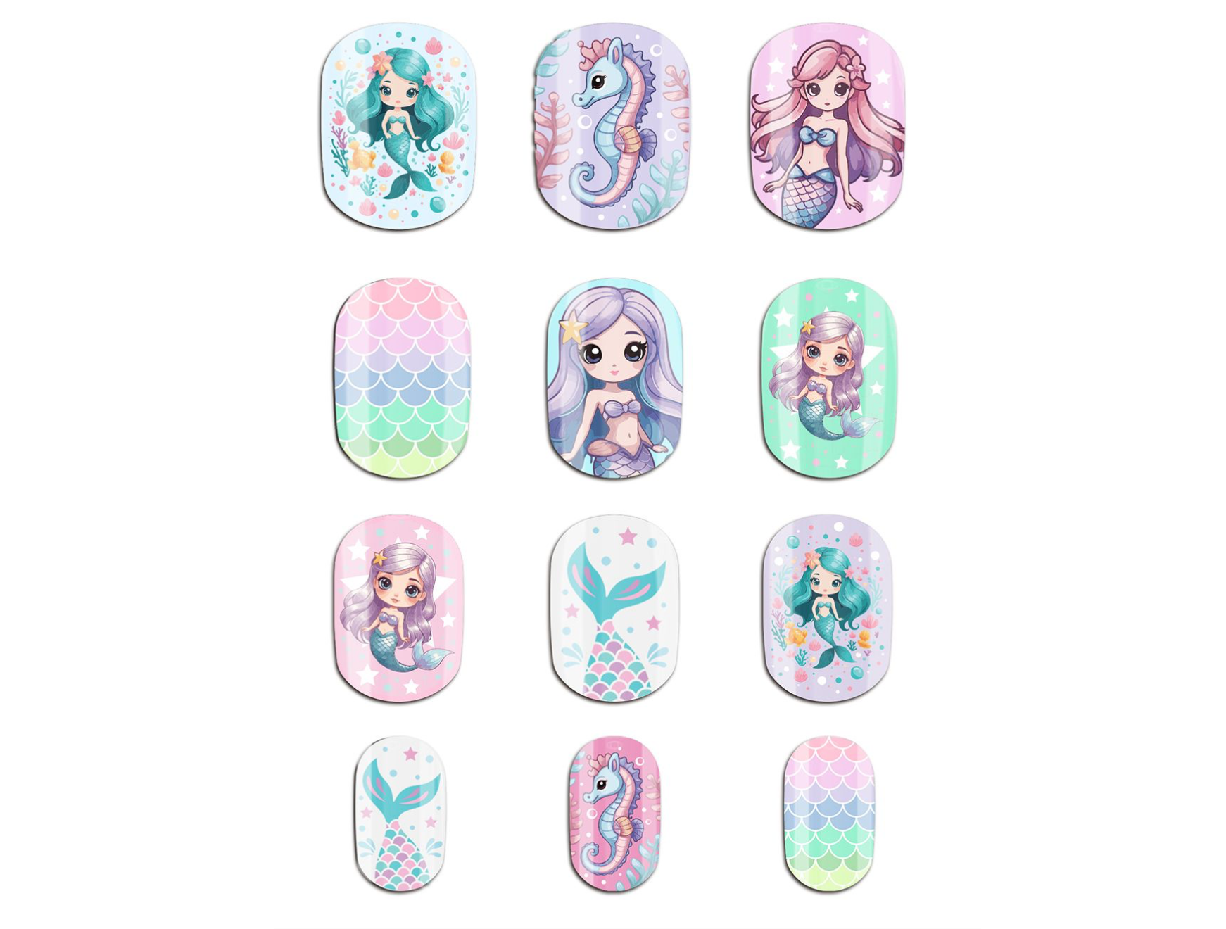Plongez dans la magie avec les 12 Faux Ongles Enfant motifs Sirène ! Une manucure facile, sûre et colorée avec sirènes et hippocampes. Parfait pour les fêtes et déguisements.