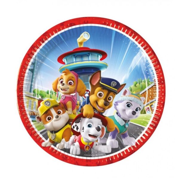 Assiette ronde jetable au thème Pat' Patrouille avec Chase, Marcus, Ruben, Stella et Everest devant la tour de contrôle, bordée de rouge.