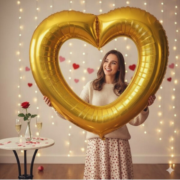 Faites briller votre amour avec le Ballon Cœur évidé Or de 82x75 cm. Un design élégant et géant, idéal pour mariage et Saint-Valentin. Qualité aluminium premium.