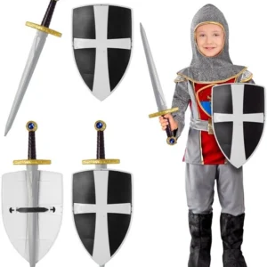 Complétez votre armure avec le set Bouclier et Épée de Chevalier ! Design médiéval noir et blanc avec système de rangement intégré. L'accessoire parfait pour les petits et grands guerriers.