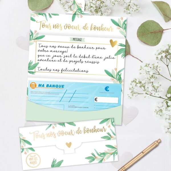 Offrez votre cadeau de mariage avec style ! Carte porte-billet ou chèque avec motifs eucalyptus et dorures élégantes. Enveloppe incluse. Le choix parfait pour féliciter les mariés.