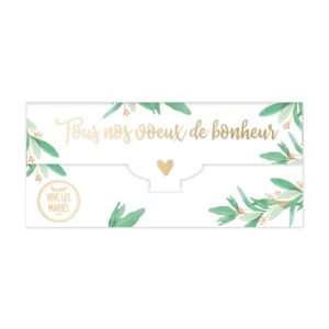 Offrez votre cadeau de mariage avec style ! Carte porte-billet ou chèque avec motifs eucalyptus et dorures élégantes. Enveloppe incluse. Le choix parfait pour féliciter les mariés.