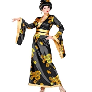 Adoptez un look raffiné avec le Déguisement de Geisha noir et or ! Kimono satiné à motifs floraux et ceinture incluse. Parfait pour vos soirées à thème ou le Carnaval.