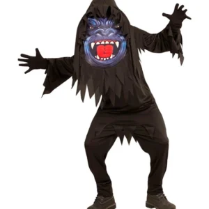 Dominez la jungle avec le Déguisement de Gorille ! Tunique noire et masque à capuche surdimensionné avec impression haute définition. Un costume sauvage et unique pour le Carnaval.