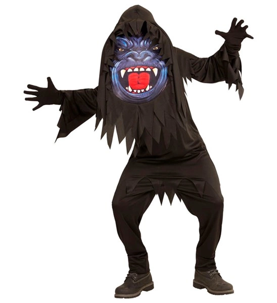 Dominez la jungle avec le Déguisement de Gorille ! Tunique noire et masque à capuche surdimensionné avec impression haute définition. Un costume sauvage et unique pour le Carnaval.