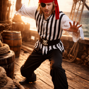 Devenez un corsaire légendaire avec notre Déguisement de Pirate ! Ensemble complet comprenant haut rayé, pantalon, ceinture, bandeau et cache-œil. Idéal pour le Carnaval et vos soirées à thème.