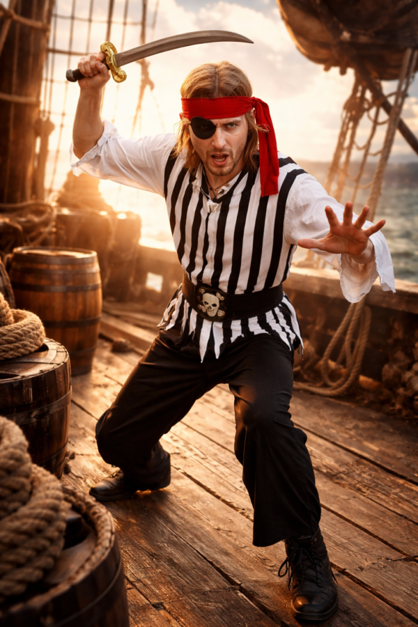 Devenez un corsaire légendaire avec notre Déguisement de Pirate ! Ensemble complet comprenant haut rayé, pantalon, ceinture, bandeau et cache-œil. Idéal pour le Carnaval et vos soirées à thème.