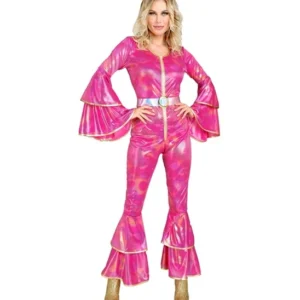 Enflammer la piste avec le Déguisement disco rose ! Une combinaison métallisée à volants et reflets holographiques pour un look années 70 inoubliable.