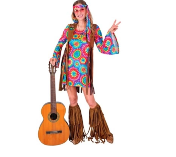 Adoptez le look Flower Power avec le Déguisement robe Hippie ! Un ensemble complet avec robe psychédélique, gilet à franges, bandeau et collier de la paix. Parfait pour vos soirées rétro.