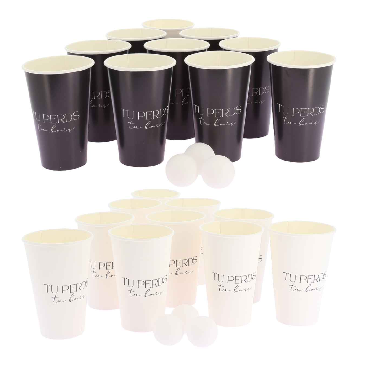 Relevez le défi avec le Jeu BEER PONG "Tu perds Tu bois" ! 24 gobelets stylés noir & blanc avec balles incluses. L'accessoire indispensable pour une ambiance de fête garantie.
